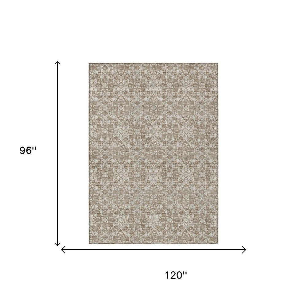 8' X 10' Beige And Brown Damask Washable Indoor Outdoor Area Rug — view 4