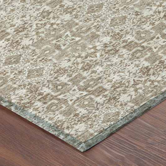 8' X 10' Beige And Brown Damask Washable Indoor Outdoor Area Rug