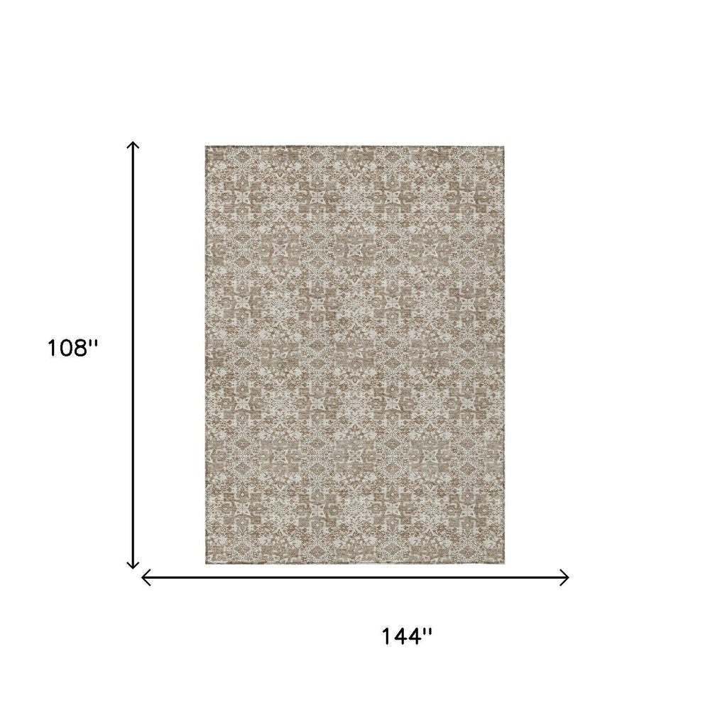 9' X 12' Beige And Brown Damask Washable Indoor Outdoor Area Rug — view 4