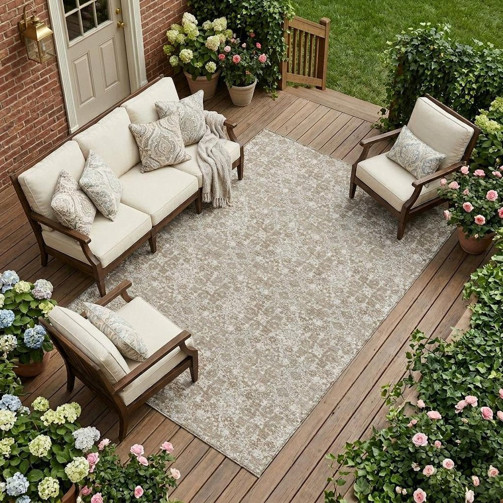 9' X 12' Beige And Brown Damask Washable Indoor Outdoor Area Rug HomeRoots