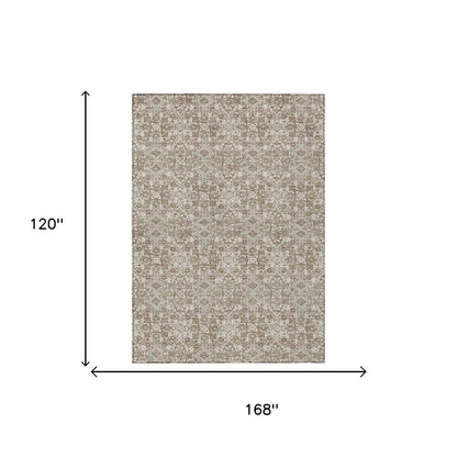 10' X 14' Beige And Brown Damask Washable Indoor Outdoor Area Rug HomeRoots