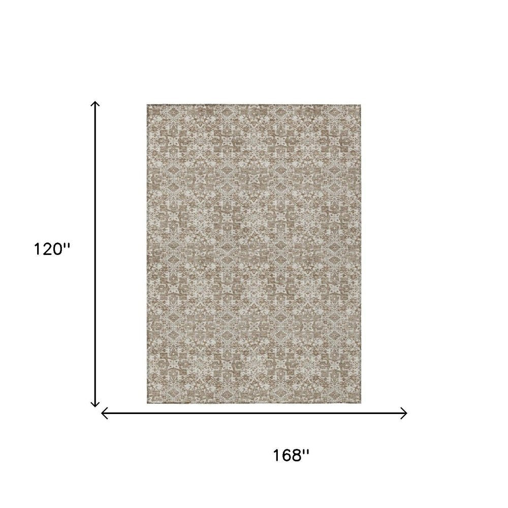 10' X 14' Beige And Brown Damask Washable Indoor Outdoor Area Rug