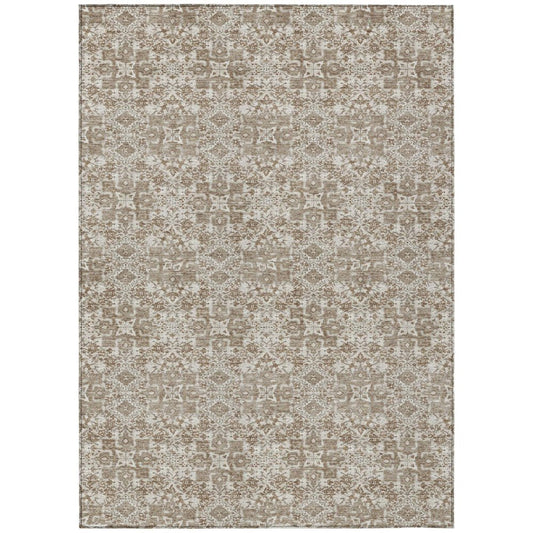 10' X 14' Beige And Brown Damask Washable Indoor Outdoor Area Rug