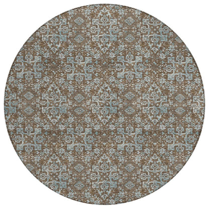 8' Chocolate And Brown Round Damask Washable Indoor Outdoor Area Rug HomeRoots