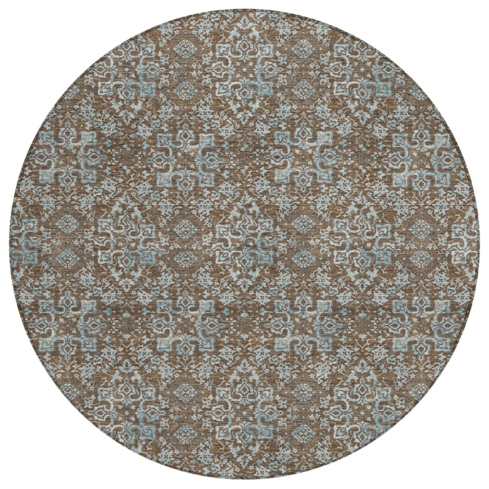 8' Chocolate And Brown Round Damask Washable Indoor Outdoor Area Rug