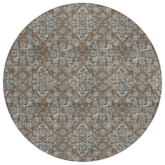 8' Chocolate And Brown Round Damask Washable Indoor Outdoor Area Rug