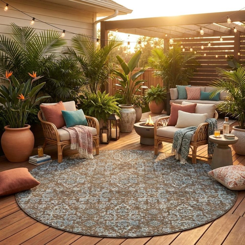 8' Chocolate And Brown Round Damask Washable Indoor Outdoor Area Rug HomeRoots