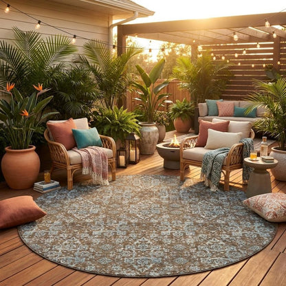 8' Chocolate And Brown Round Damask Washable Indoor Outdoor Area Rug HomeRoots