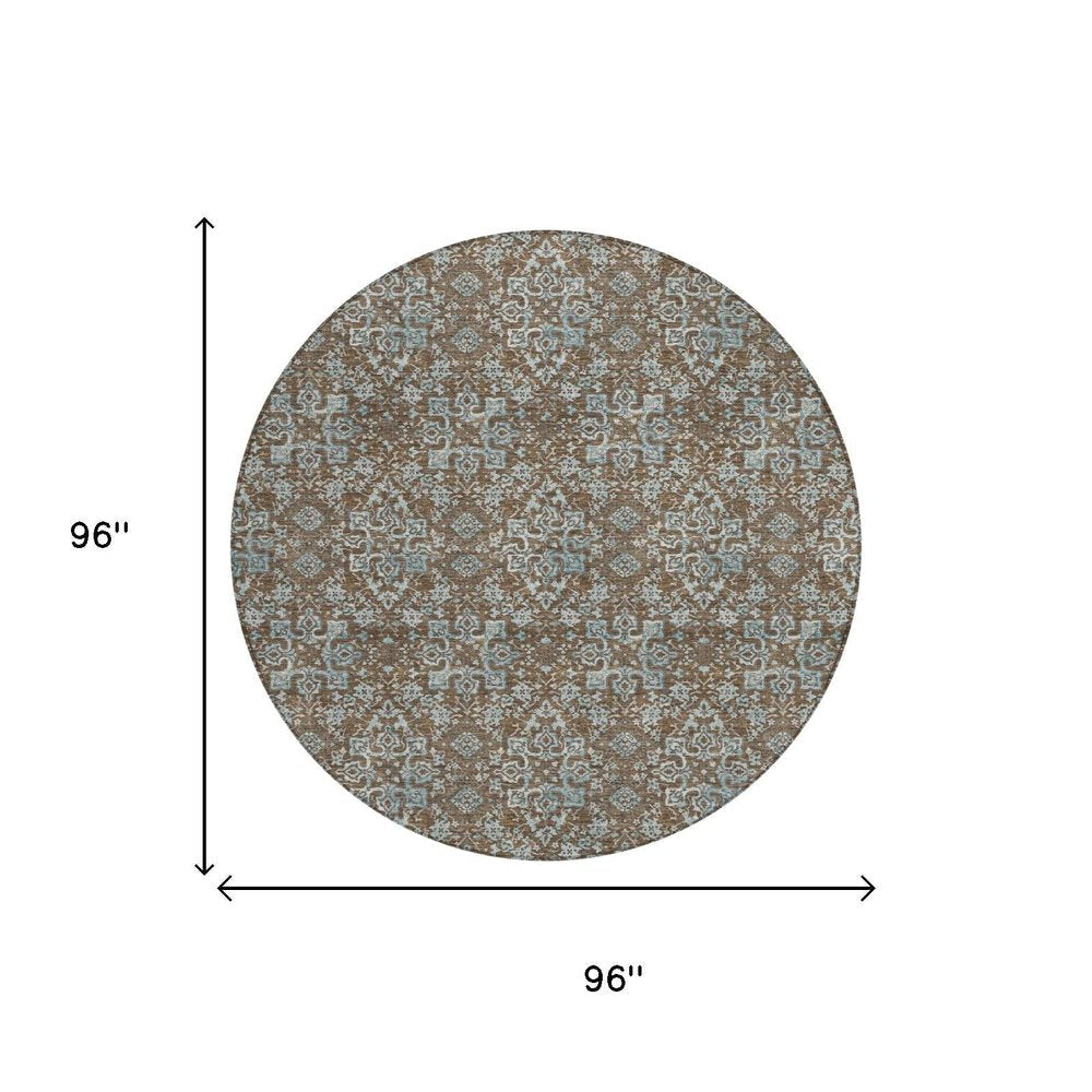 8' Chocolate And Brown Round Damask Washable Indoor Outdoor Area Rug HomeRoots