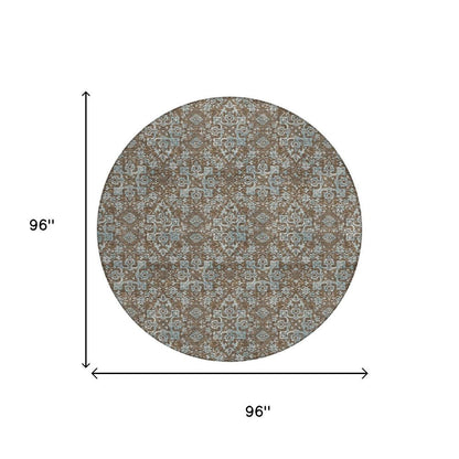 8' Chocolate And Brown Round Damask Washable Indoor Outdoor Area Rug HomeRoots