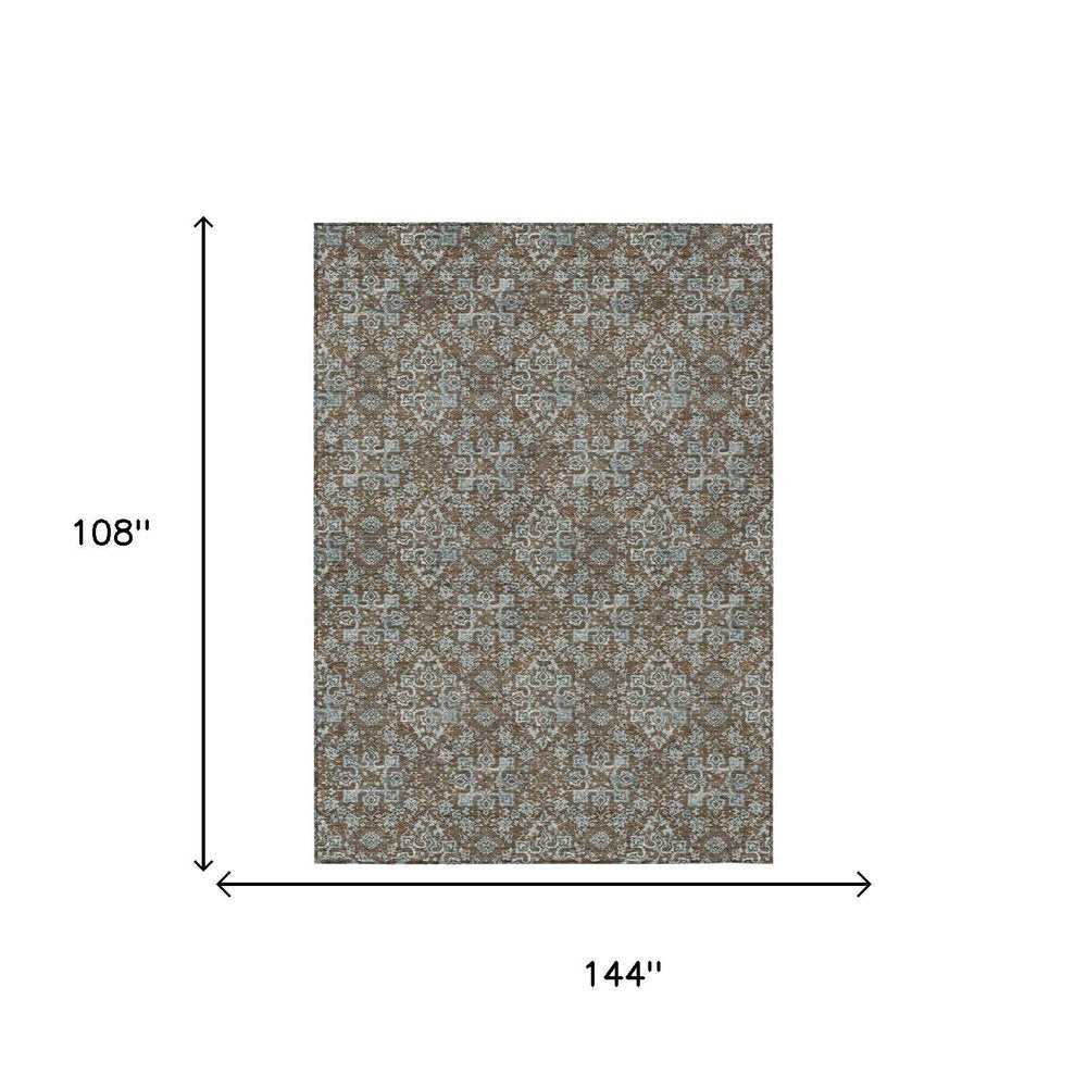 9' X 12' Chocolate And Brown Damask Washable Indoor Outdoor Area Rug HomeRoots