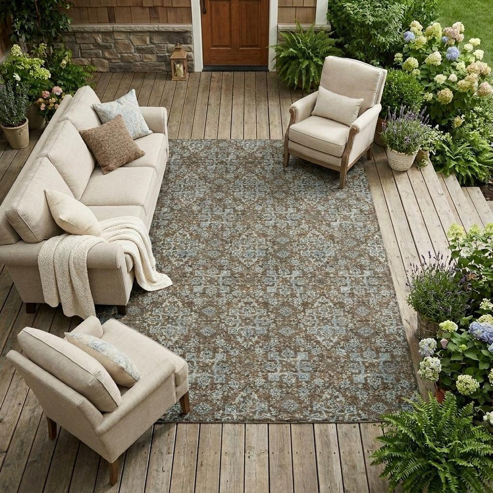 9' X 12' Chocolate And Brown Damask Washable Indoor Outdoor Area Rug HomeRoots