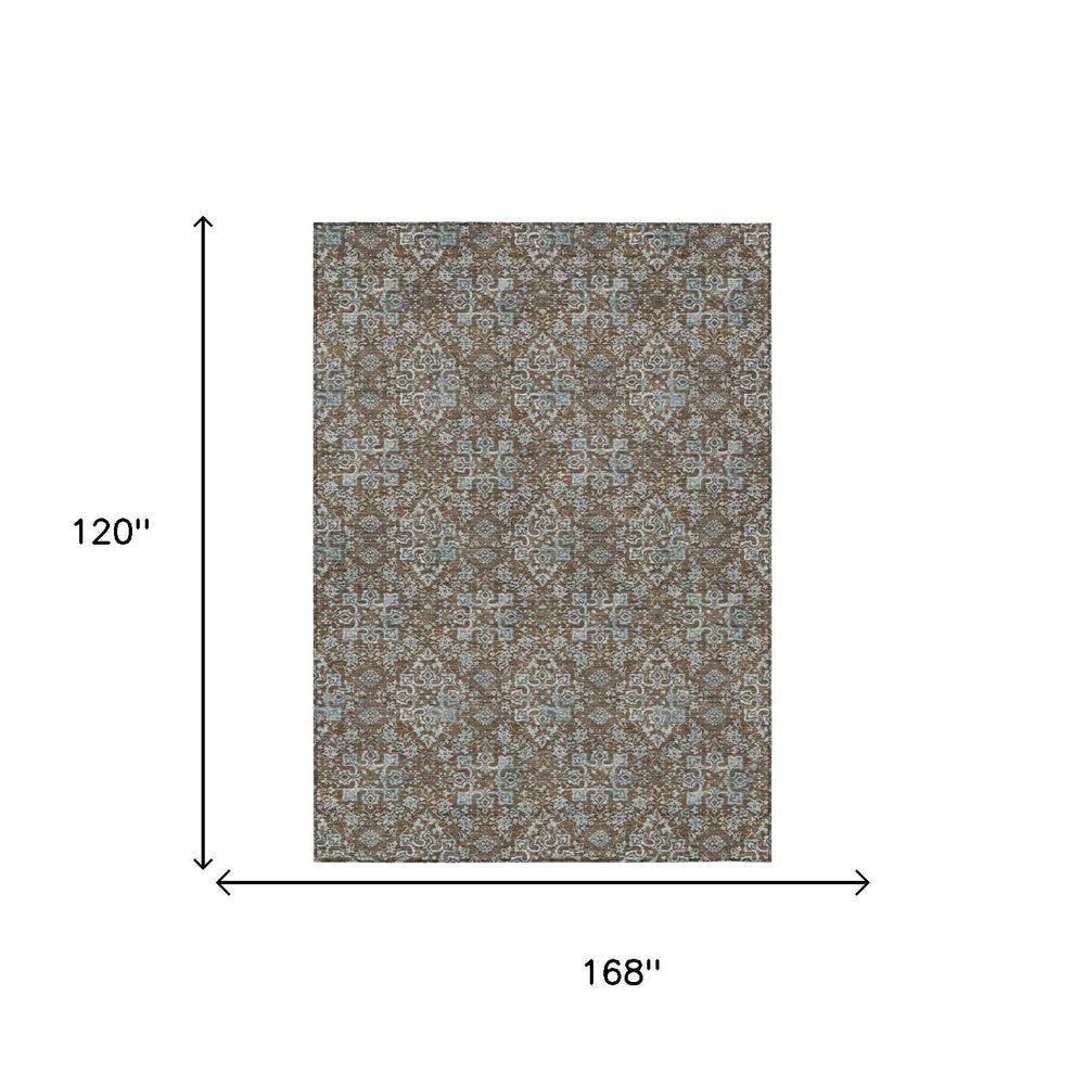 10' X 14' Chocolate And Brown Damask Washable Indoor Outdoor Area Rug — view 4
