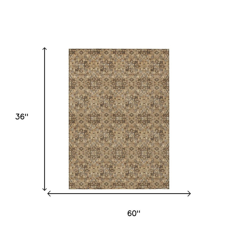 3' X 5' Copper And Orange Damask Washable Indoor Outdoor Area Rug — view 4
