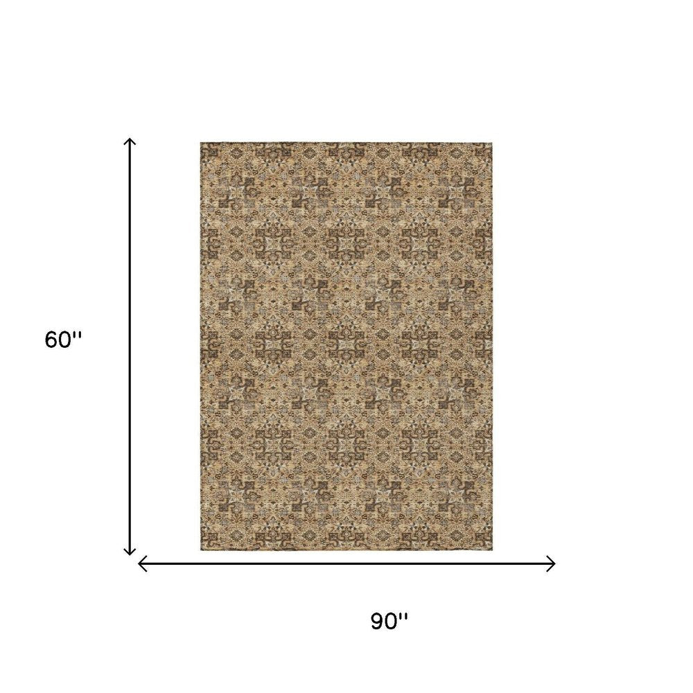 5' X 8' Copper And Orange Damask Washable Indoor Outdoor Area Rug — view 4