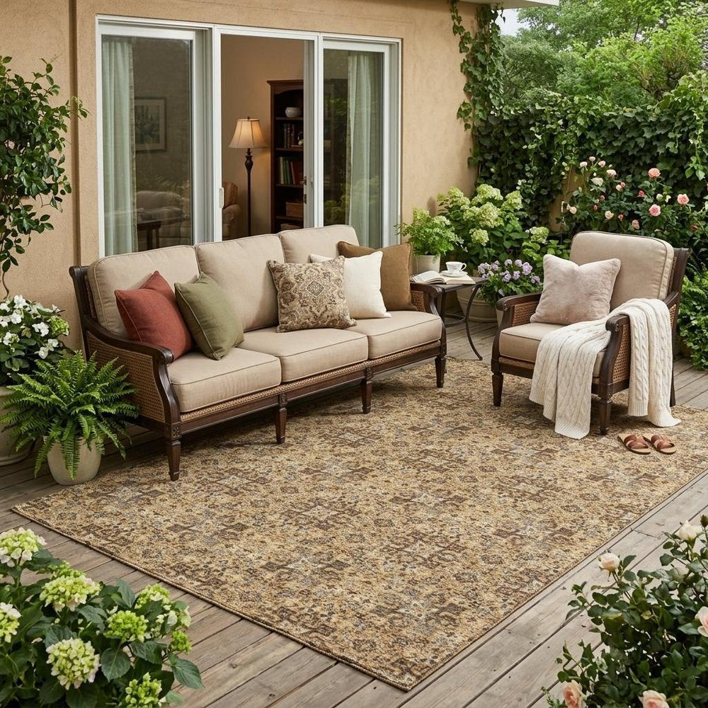 5' X 8' Copper And Orange Damask Washable Indoor Outdoor Area Rug — view 5