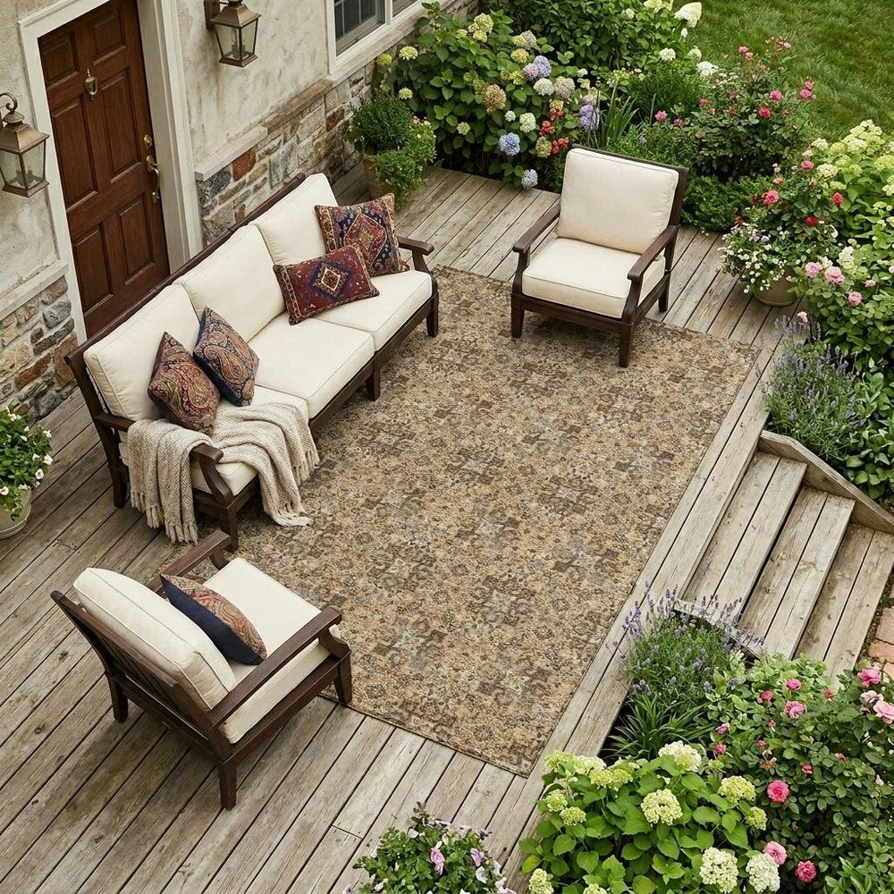 9' X 12' Copper And Orange Damask Washable Indoor Outdoor Area Rug HomeRoots