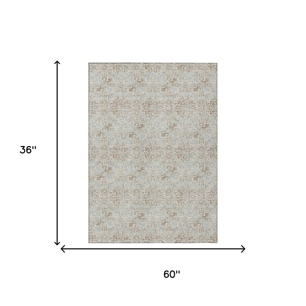 3' X 5' Ivory And Silver Damask Washable Indoor Outdoor Area Rug HomeRoots