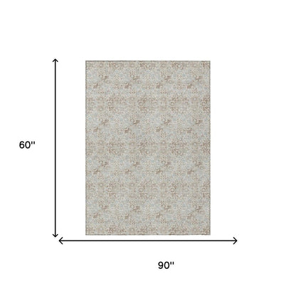 5' X 8' Ivory And Silver Damask Washable Indoor Outdoor Area Rug HomeRoots