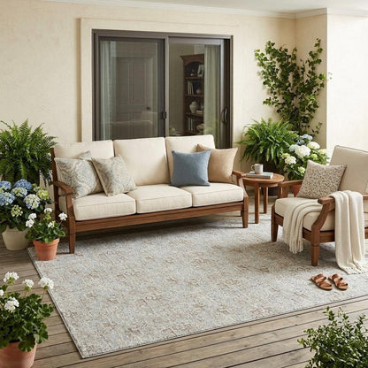 5' X 8' Ivory And Silver Damask Washable Indoor Outdoor Area Rug HomeRoots