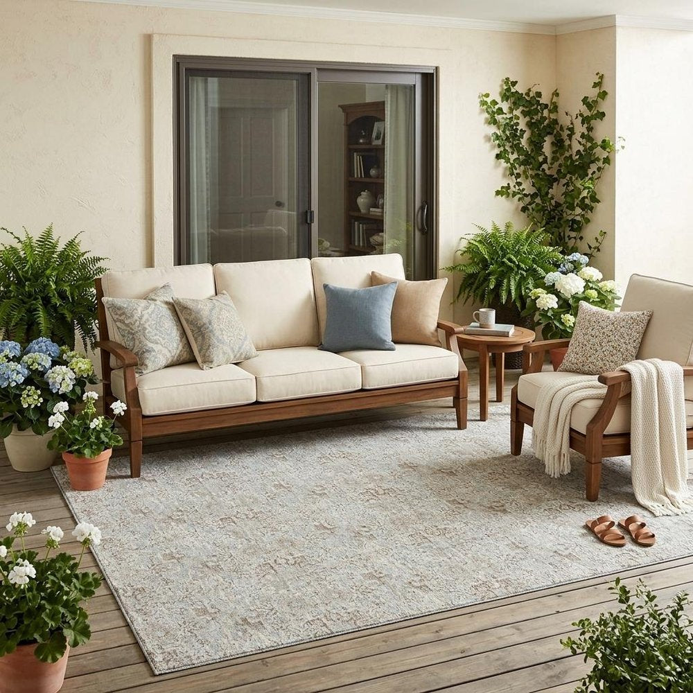 5' X 8' Ivory And Silver Damask Washable Indoor Outdoor Area Rug HomeRoots