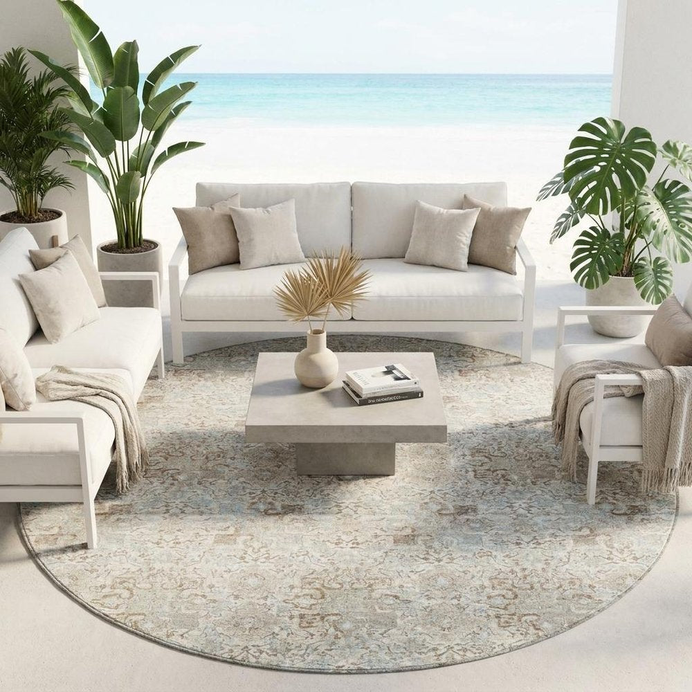 8' Ivory And Silver Round Damask Washable Indoor Outdoor Area Rug HomeRoots