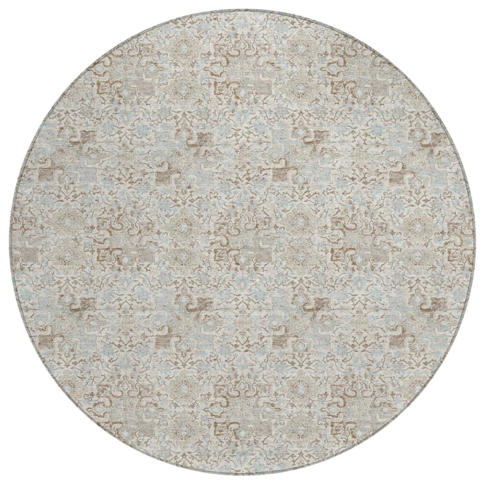 8' Ivory And Silver Round Damask Washable Indoor Outdoor Area Rug — view 2