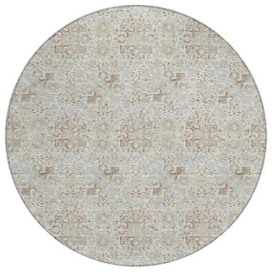 8' Ivory And Silver Round Damask Washable Indoor Outdoor Area Rug
