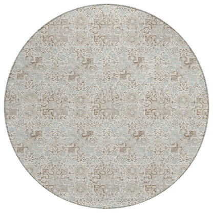 8' Ivory And Silver Round Damask Washable Indoor Outdoor Area Rug HomeRoots