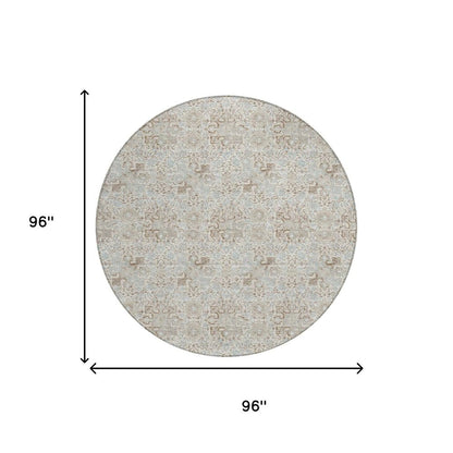 8' Ivory And Silver Round Damask Washable Indoor Outdoor Area Rug HomeRoots