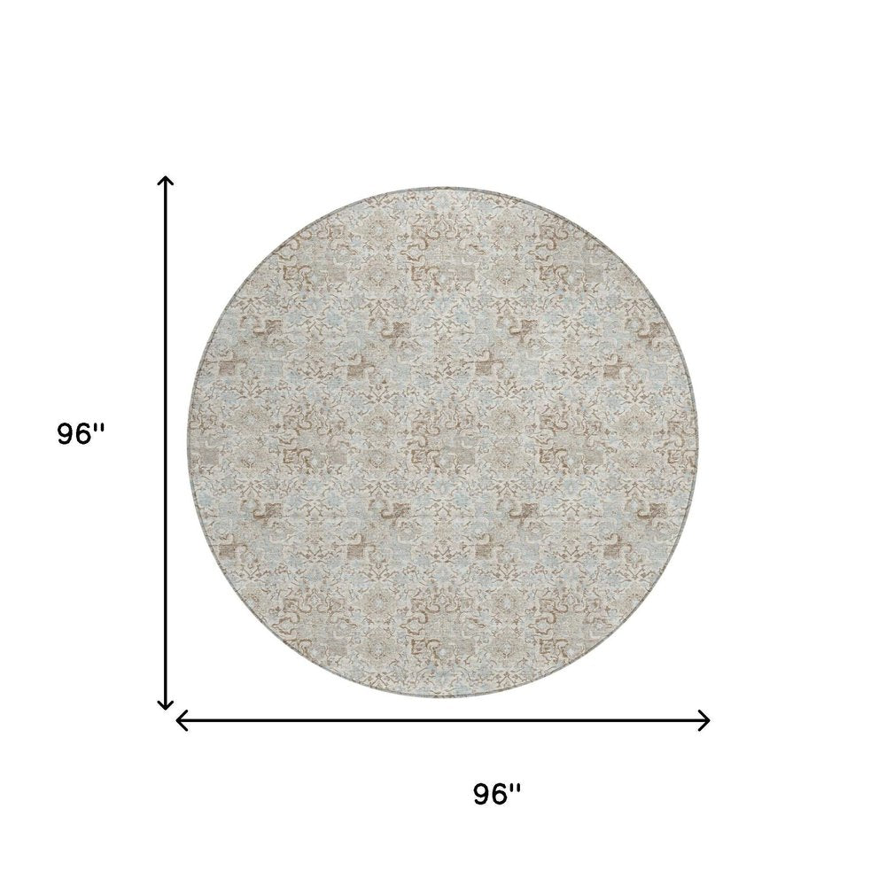 8' Ivory And Silver Round Damask Washable Indoor Outdoor Area Rug HomeRoots