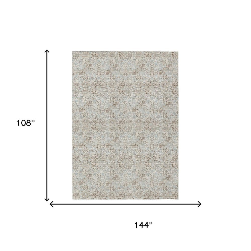 9' X 12' Ivory And Silver Damask Washable Indoor Outdoor Area Rug — view 4