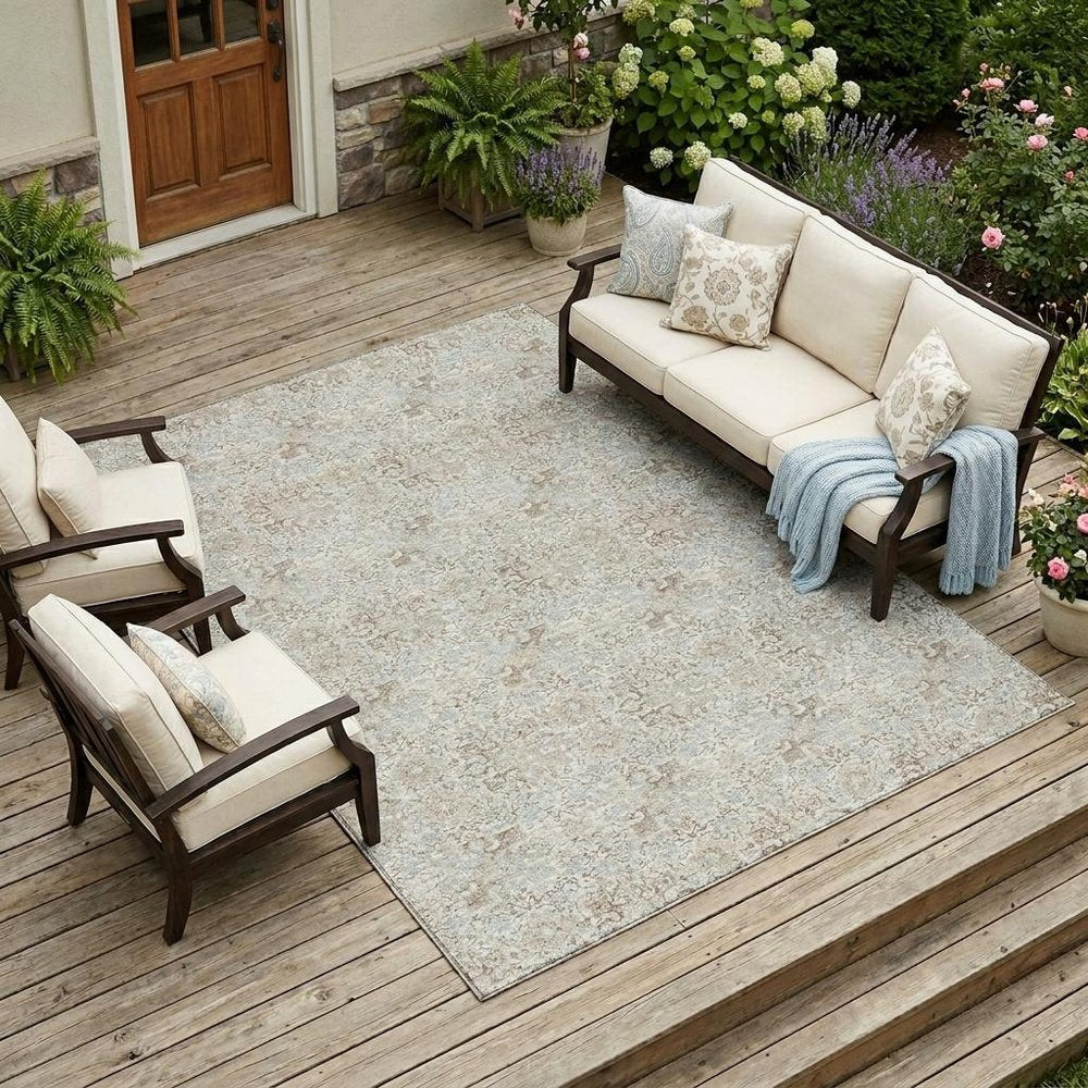 9' X 12' Ivory And Silver Damask Washable Indoor Outdoor Area Rug — view 5