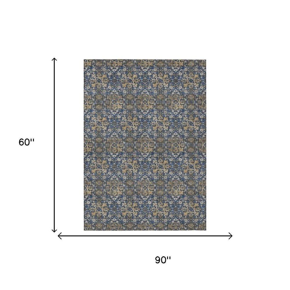 5' X 8' Navy Blue And Blue Damask Washable Indoor Outdoor Area Rug — view 5