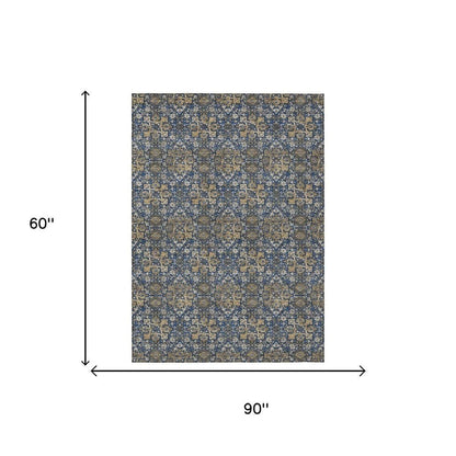 5' X 8' Navy Blue And Blue Damask Washable Indoor Outdoor Area Rug HomeRoots