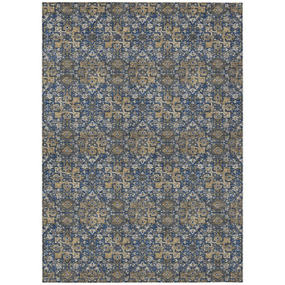5' X 8' Navy Blue And Blue Damask Washable Indoor Outdoor Area Rug HomeRoots