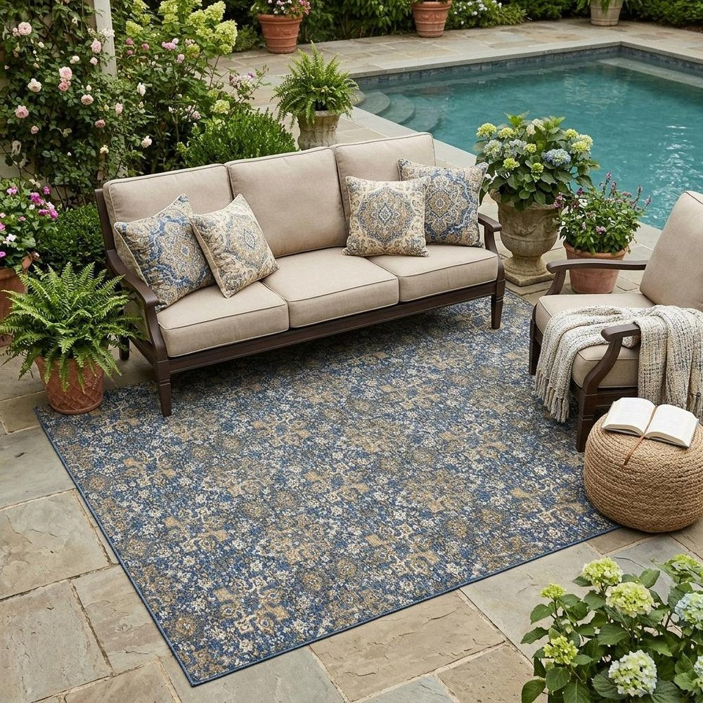 5' X 8' Navy Blue And Blue Damask Washable Indoor Outdoor Area Rug HomeRoots