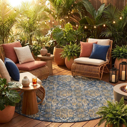 8' Navy Blue And Blue Round Damask Washable Indoor Outdoor Area Rug HomeRoots
