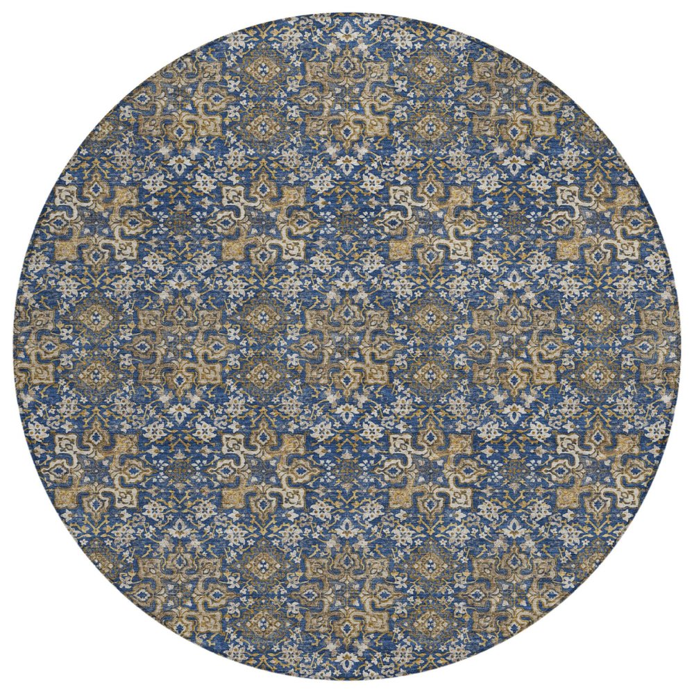 8' Navy Blue And Blue Round Damask Washable Indoor Outdoor Area Rug — view 1
