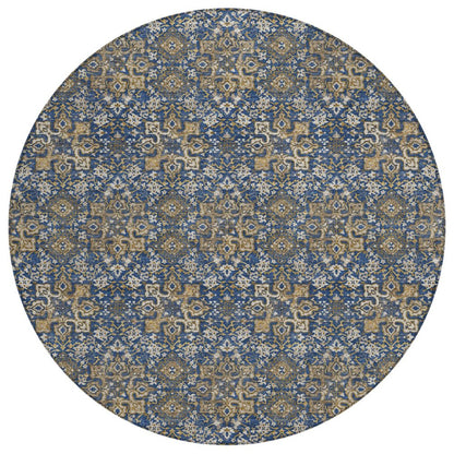 8' Navy Blue And Blue Round Damask Washable Indoor Outdoor Area Rug HomeRoots