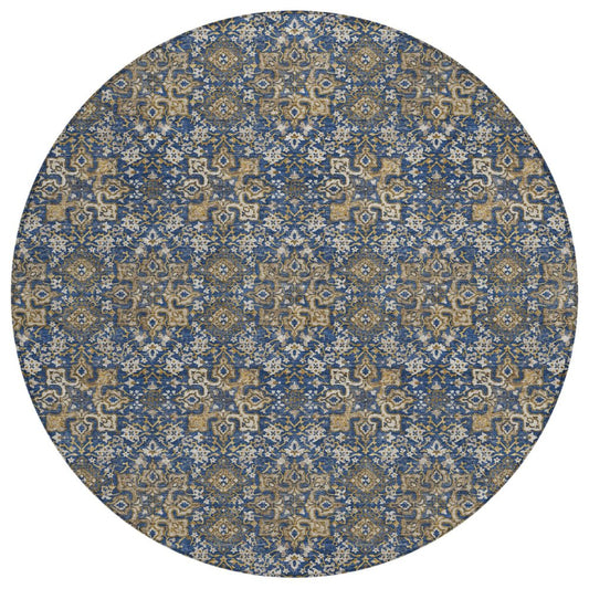 8' Navy Blue And Blue Round Damask Washable Indoor Outdoor Area Rug