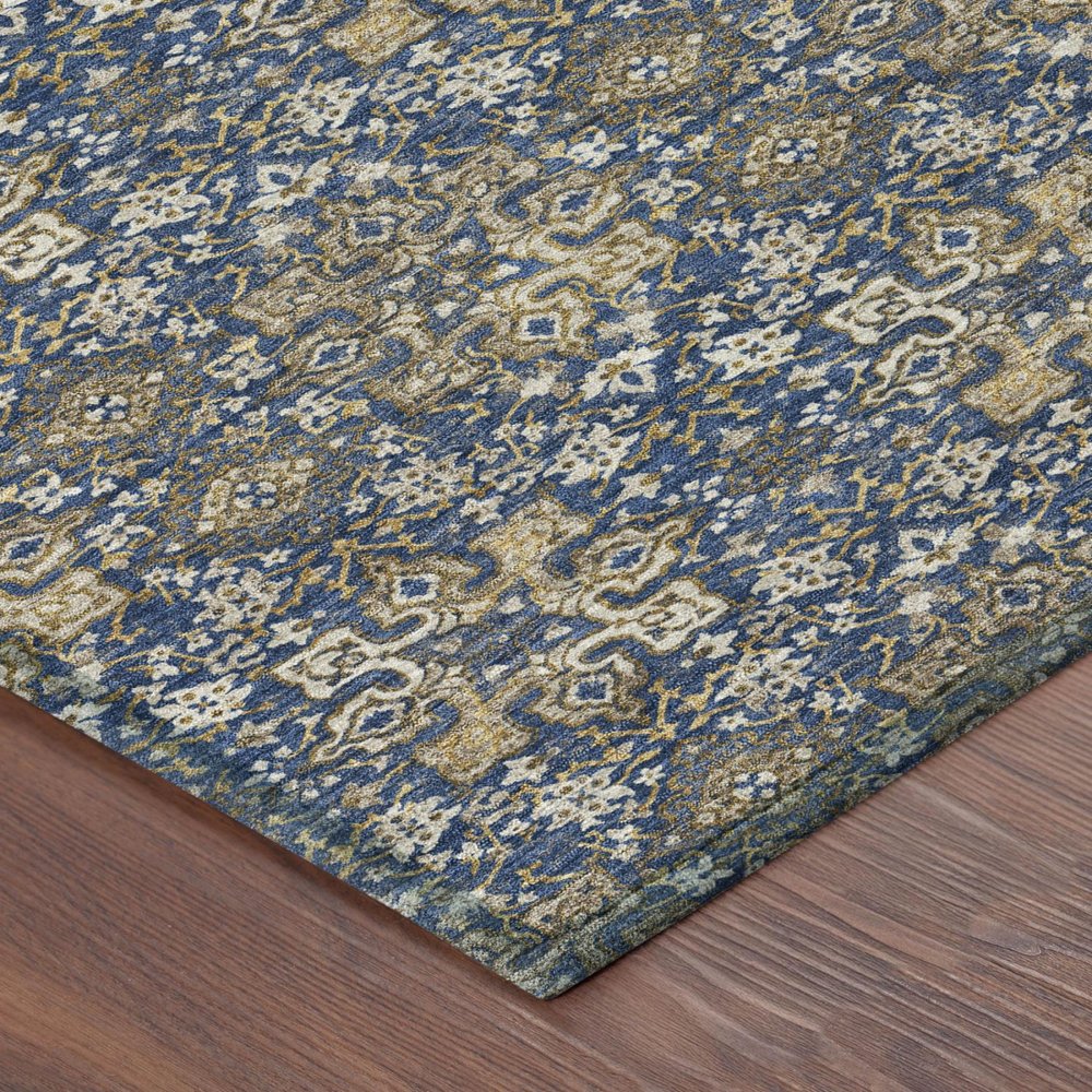 8' Navy Blue And Blue Round Damask Washable Indoor Outdoor Area Rug — view 2