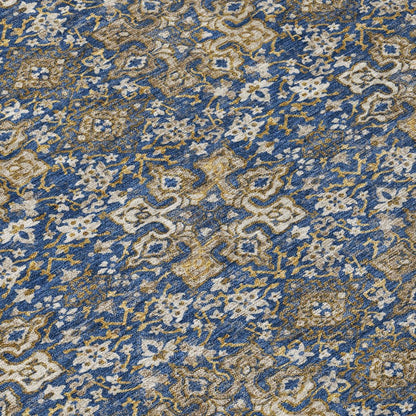 8' Navy Blue And Blue Round Damask Washable Indoor Outdoor Area Rug HomeRoots