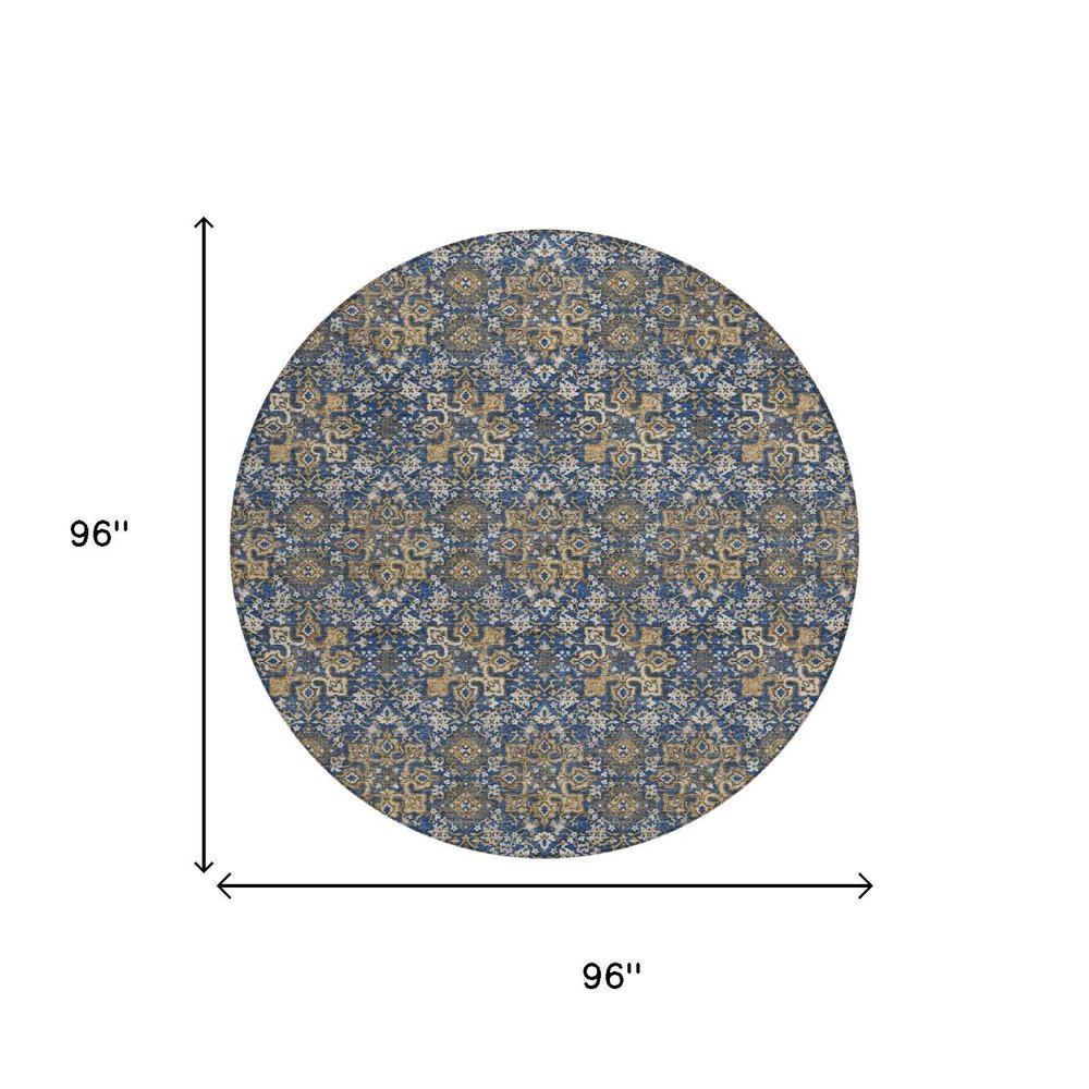 8' Navy Blue And Blue Round Damask Washable Indoor Outdoor Area Rug HomeRoots
