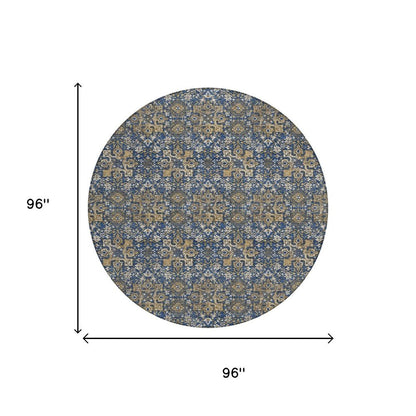 8' Navy Blue And Blue Round Damask Washable Indoor Outdoor Area Rug HomeRoots
