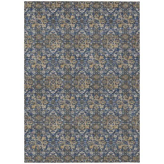 8' X 10' Navy Blue And Blue Damask Washable Indoor Outdoor Area Rug