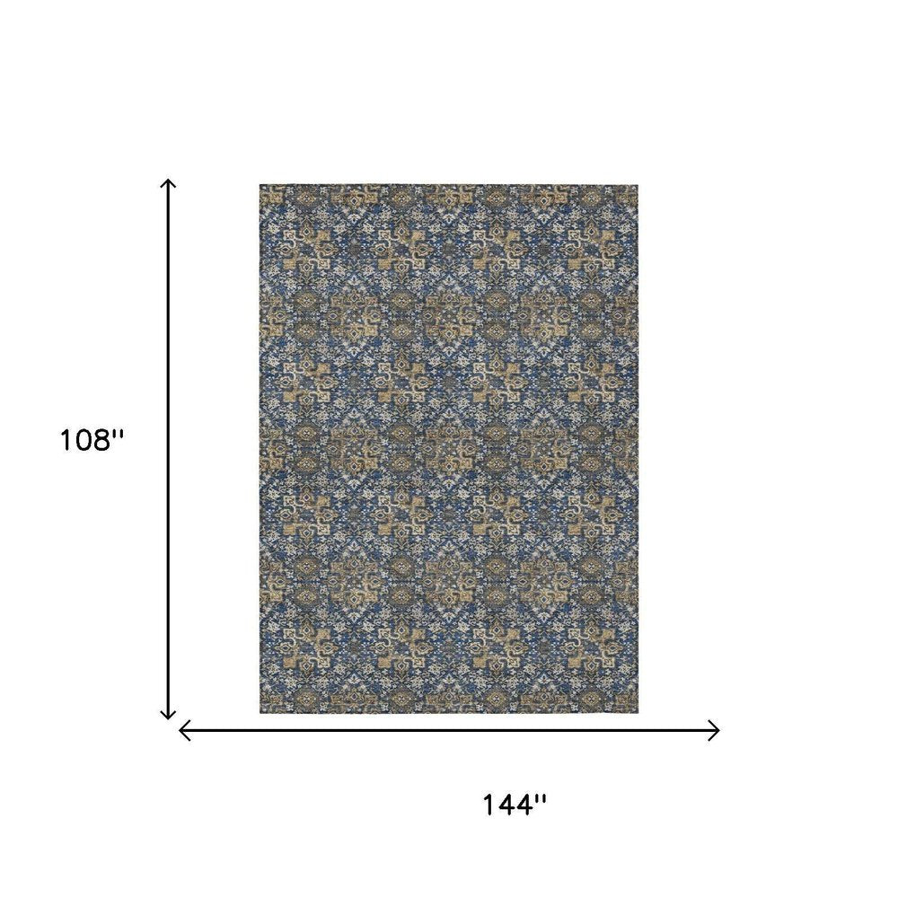 9' X 12' Navy Blue And Blue Damask Washable Indoor Outdoor Area Rug HomeRoots