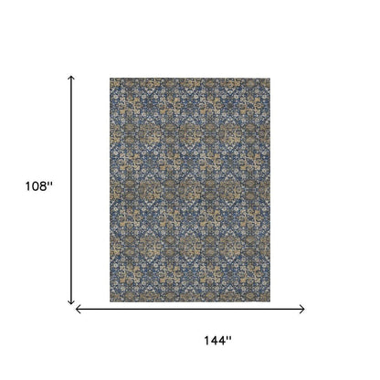 9' X 12' Navy Blue And Blue Damask Washable Indoor Outdoor Area Rug HomeRoots