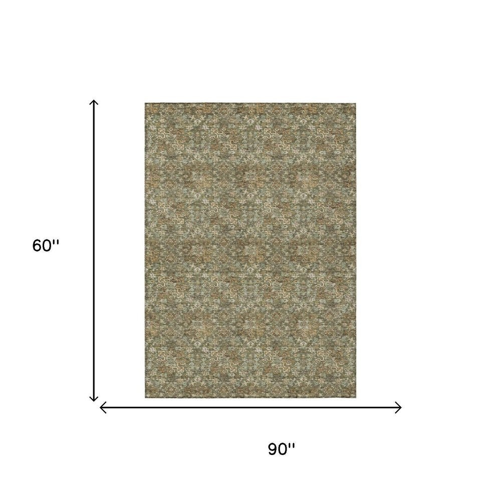 5' X 8' Olive Green And Green Damask Washable Indoor Outdoor Area Rug — view 4