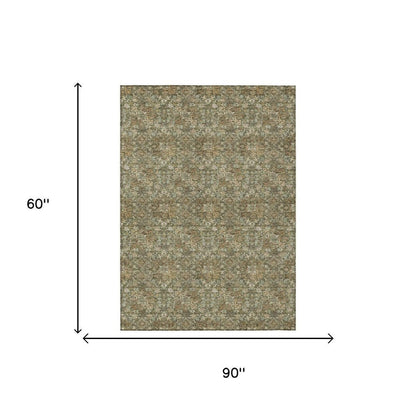 5' X 8' Olive Green And Green Damask Washable Indoor Outdoor Area Rug HomeRoots